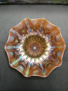 Antique Dugan Peach Opalescent Raindrops Marigold Carnival Glass Footed Bowl